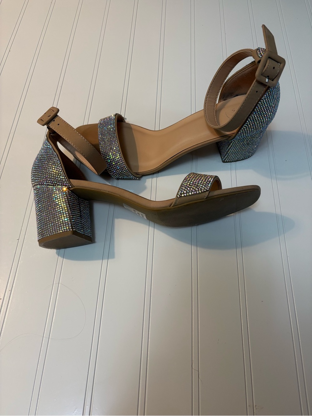 Women's Tan Ankle-Strap Block Heel Sandals with Rhinestones